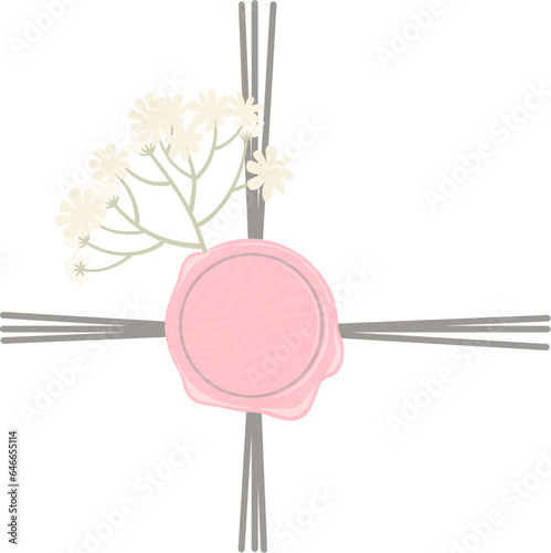 Pink wax stamp with dried white flowers on string