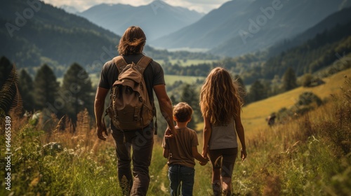 Young family hiking with backpacks in a beautiful mountain landscape.