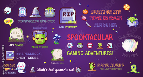 Set of Halloween Pixel art Gamer Stickers. Decorative Collection of Retro 90s Badges with Halloween Characters and Funny Quotes. Ready to print 8bit patterns design.