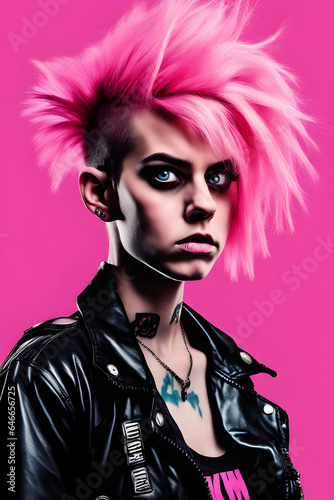 Digital head shot illustration of a young punk girl with short pink hair. She has a serious look on her face. 
