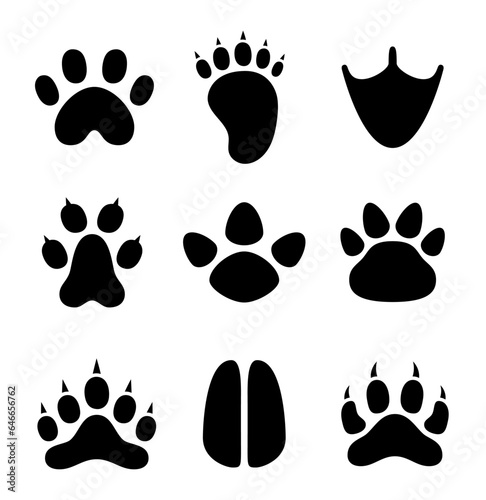 Animal paw print. Silhouette image. Different traces of wildlife. Vector drawing. Collection of design elements.