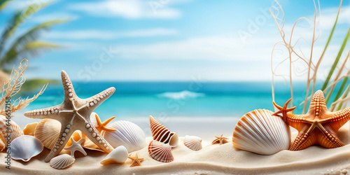 Sea sand beach with seashells starfish suncare mockup templat.
