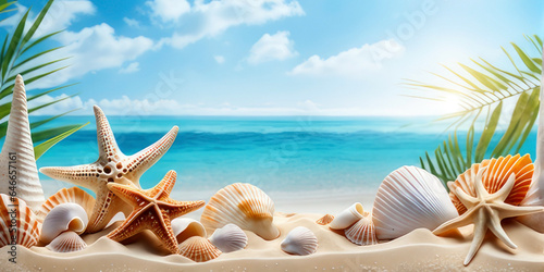 Sea sand beach with seashells starfish suncare mockup templat.