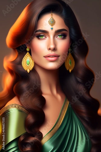 A beautiful woman with green eyes and wavy hair, structured face wearing saree