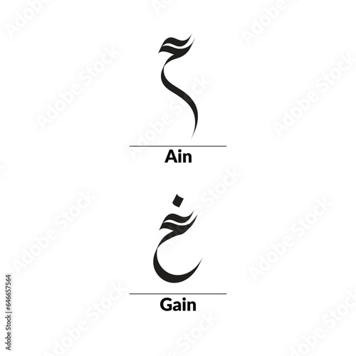 Arabic calligraphy Al-Saif Style, alphabets ain and Gain.