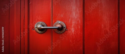 A red door made of wood and a circular lock with a handle © Vusal