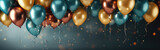 Background for a holiday party with beautiful metallic balloons, confetti, and ribbons. Festive card for a birthday, anniversary, new year, Christmas, or any occasion.