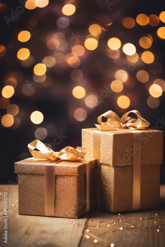 Christmas gift boxes on wooden table. Christmas celebration background with gold bokeh.