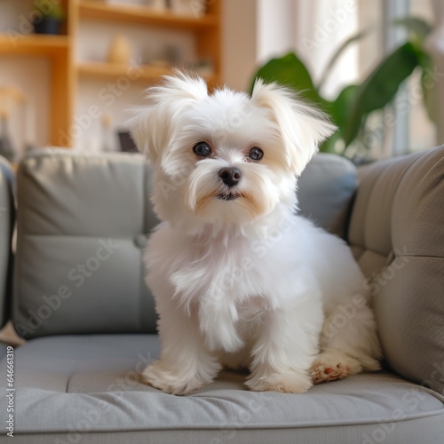 Cute Maltese sitting on a sofa.