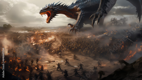 Illustration of a huge dragon fight against people. © Sergie