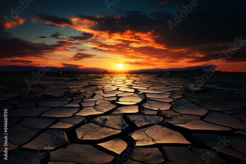 Dry asphalt. Panorama of dried and cracked road against sunset background