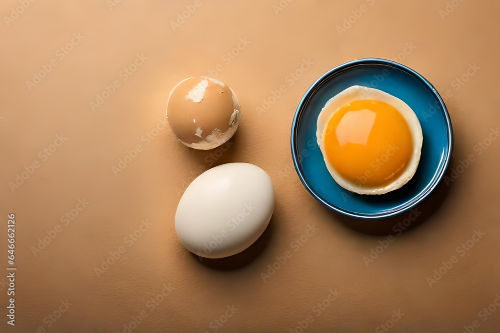 Top view of fried egg on blue frying pan next to uncooked entire egg and shadowed eggshells isolated on orange