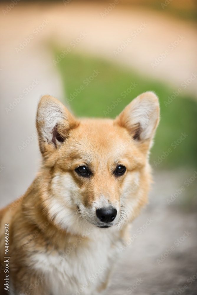 small welsh corgi pembroke puppy sitting on the lawn