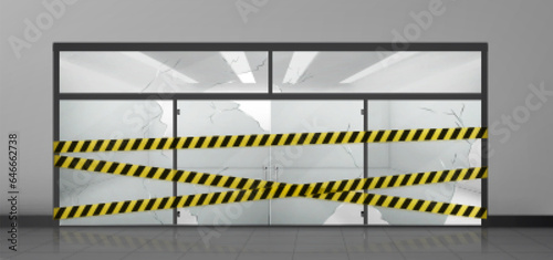 Broken glass store front door and window vector. Office or shop entrance with warning yellow crime ribbon mockup. Abandoned empty showroom exterior. Retail storefront with police strip sign design