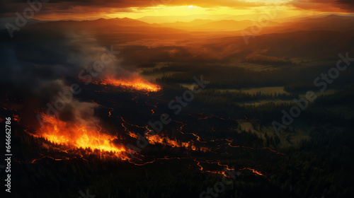Dangerous fire in the field landscape. Disaster flame with heat and poisonous smoke harmful to humans and animals and birds