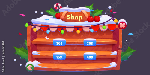 Game shop Christmas interface - cartoon vector ui snowy wooden rack with shelves and prices. Empty store panel. Fantasy showcase with snow and holly plant. Xmas gui design of retail displays.