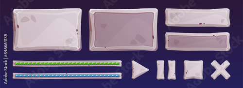 Stone game user interface assets - cartoon vector illustration set of rock plates and buttons for gui design. Rectangular banners and tablets with stony texture for menu, score level and pushbuttons.