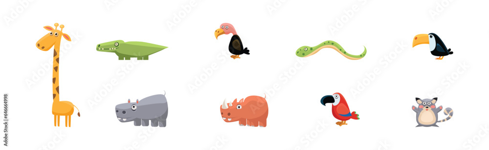 Funny African Animals and Zoo Fauna Vector Set