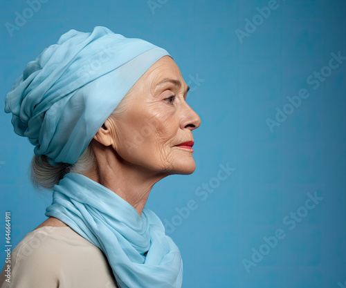 Septuagenarian Woman's side profile against a soft blue background.

