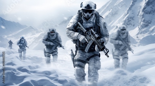 Special forces on winter mission. Action in cold conditions.