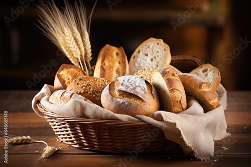 Bread and lots of fresh bread buns in a basket on a wooden table photo