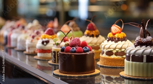 Small cakes on display at the patisserie counter. photo