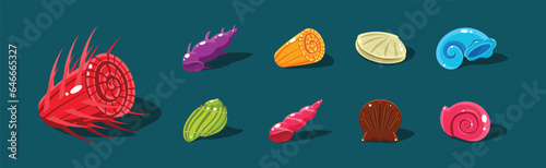Sea Shells with Spiral Shape of Different Color Vector Set