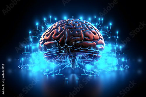 Abstract futuristic human brain with circuit board and mash line to connection. Technology web background, Machine learning cognitive sciences concept. Generative AI.