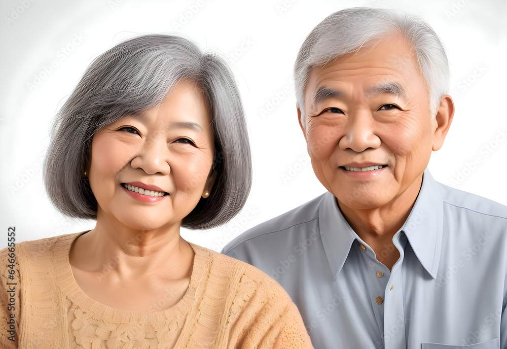 happy retirement, joyful senior mature couple, positive elder asian husband and wife laughing and smiling. Chinese, Japanese, Korean happy retirement, joyful senior mature couple, positive elder asian husband and wife laughing and smiling. Chinese, Japanese, Korean