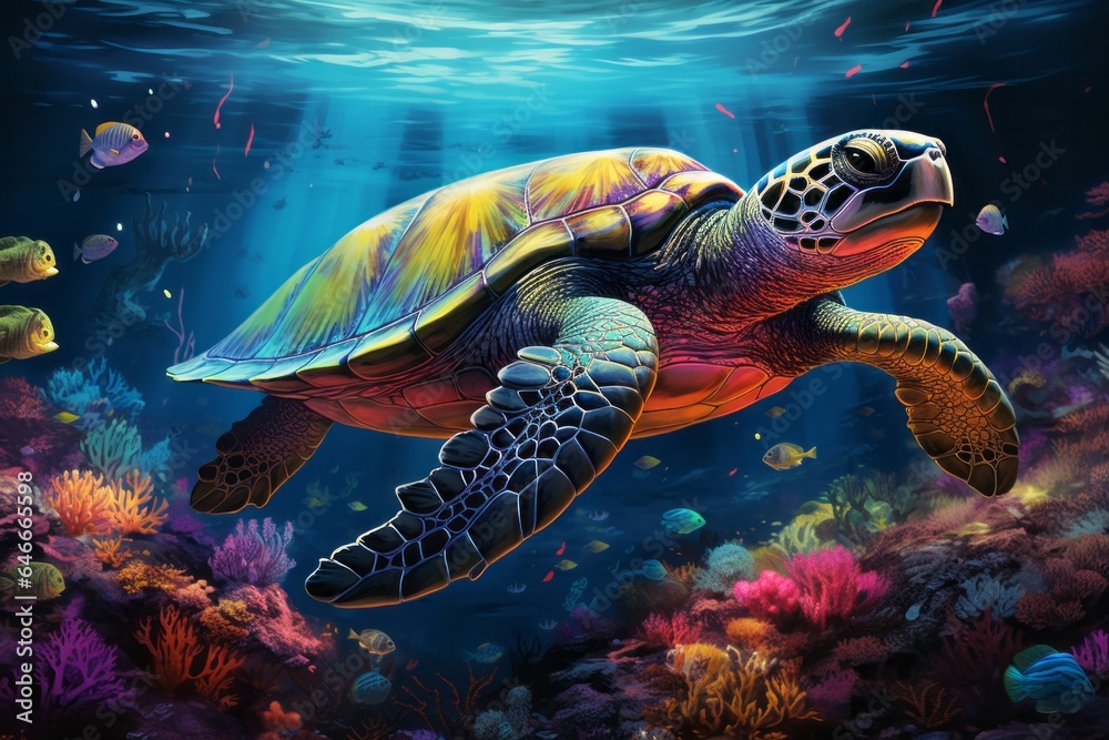 Illustration of a vibrant underwater scene with a majestic turtle ...