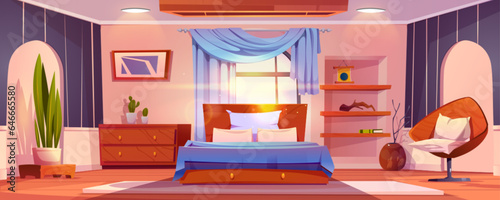 Hotel bedroom interior with furniture. Vector cartoon illustration of light room with twin bed, armchair, cactus on drawer, abstract picture on wall, blue curtains on large window, book on shelf