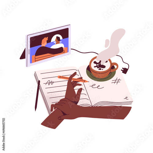 Hands hold pen, take notes. Person watch movie, video on tablet, planning in open notebook, write dreams, ideas, thoughts in a diary, rest with coffee, tea. Flat isolated vector illustration on white