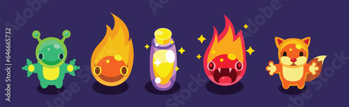 Flat Assets for Mobile Game with Funny Creatures Vector Set