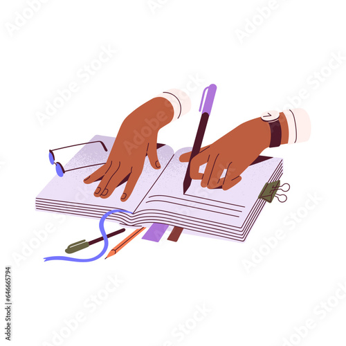 Female hands hold pen, writes thoughts in diary. People planning in notepad, woman take note in paper planner, compose plan in notebook. Flat isolated vector illustration on white background