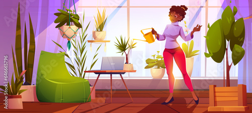 Home garden with black woman and plant pot illustration. Greenhouse interior with girl character water flower. Houseplant inside apartment as adult hobby. African female person indoor near armchair