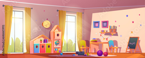 Kindergarten classroom or nursery playroom cartoon background. Toy for kid, painting board and table furniture in preschool daycare interior illustration. Cute toddler baby recreation space drawing