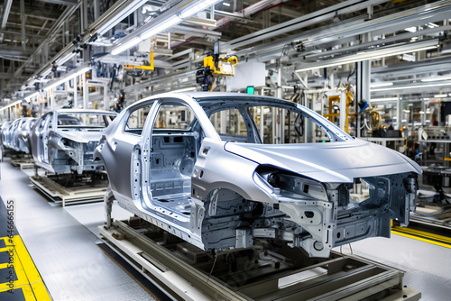 automobile plant. Assembling the body of a car on a conveyor. Modern technology for the production of cars.