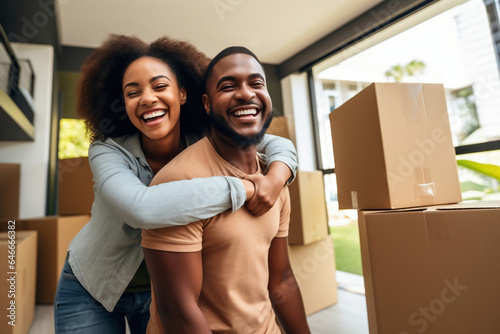 Young happy black married couple in their new home after moving in. Unpacking boxes after moving into a new apartment. new homeowners. Mortgage. Rental property. © Anoo