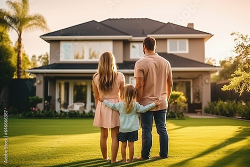 A young happy family stands on the lawn and looks at the purchased house. The joy of buying a home. New homeowners. Mortgage. Property rental.