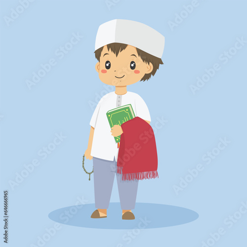 Cute Muslim boy holding a prayer beads, praying mat and Quran ready for shalat. Muslim children character vector illustration.