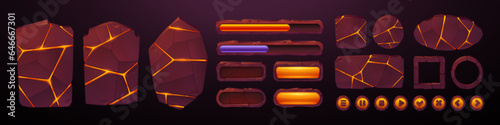 Lava stone ui game frame and volcanic button vector. Volcano eruption board with magma texture and fire for gui app interface. Blank loading and progress bar isolated rock menu element with crack
