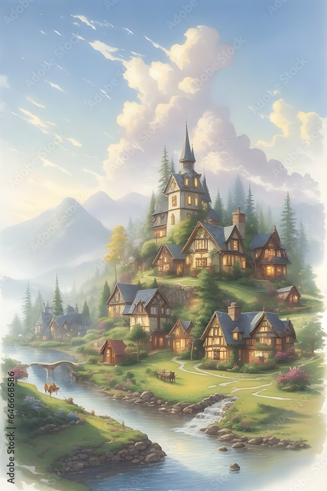 A large castle with a huge, intricately shaped green roof standing on top of a mountain.
It has a fantasy structure with floating ships, buildings and crystals in the air, and trees growing below.
The