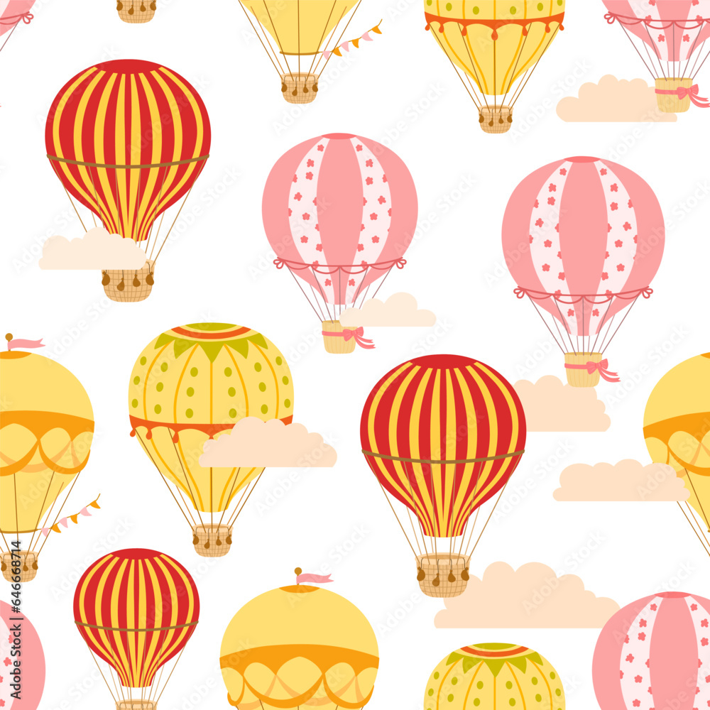 Seamless pattern with Hot Air Balloon and clouds on white. Vector colorful endless background
