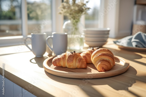 Simple yet delicious image of two croissants resting on cutting board  accompanied by steaming cup of coffee. Perfect for showcasing cozy breakfast or brunch setting.