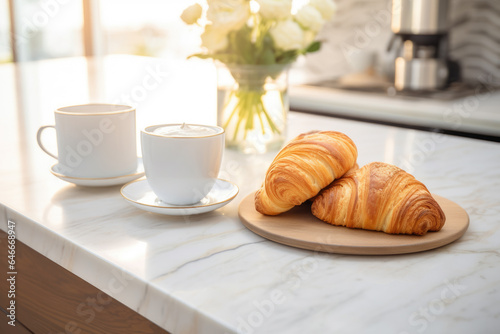 Picture of two cups of coffee and plate of croissants on table. Perfect for illustrating breakfast or cozy cafe scene.