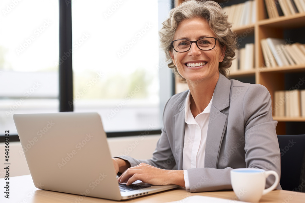 Woman is sitting at table, using laptop computer. This image can be used to illustrate technology, remote work, or online communication. Woman is sitting at table, using laptop computer. This image can be used to illustrate technology, remote work, or online communication.