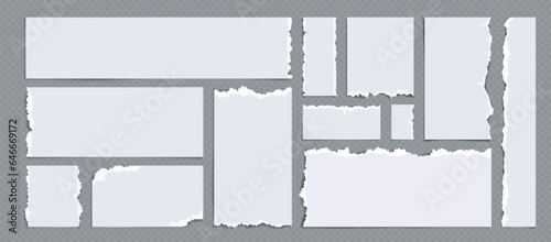 Set of torn paper strips isolated on background. Vector realistic illustration of ripped white sheet edges, blank reminder notice layout, pieces of used notebook page, waste material for recycling