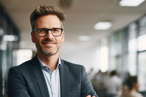 Professional man wearing suit and glasses stands with his arms crossed. This image can be used to portray confidence, professionalism, and leadership in various business and corporate settings. © vefimov