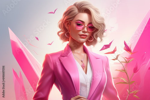 Woman wearing pink suit and sunglasses. This image can be used for fashion, business, or lifestyle concepts.