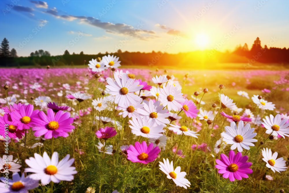 Beautiful sunset illuminates field of vibrant flowers. Perfect for nature and landscape themes.